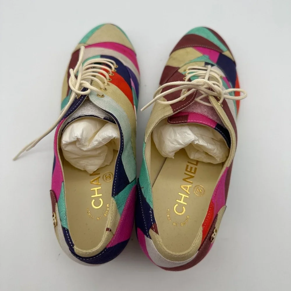 NEW CHANEL‎ BROGUES SHOES CAMELIA G HEELS MULTI COLOR CANVAS G31468 Size 38.5